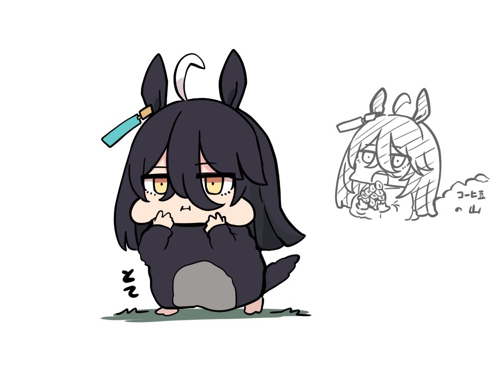 kawamochi (tddm3573), manhattan cafe (umamusume), umamusume, translation request, 1girl, :i, ahoge, animal, animal ears, animalization, black hair, brown eyes, chibi, closed mouth, food, hair between eyes, holding, holding food, horse ears, human head, long hair, multicolored hair, puffy cheeks, two-tone hair, white background, white hair