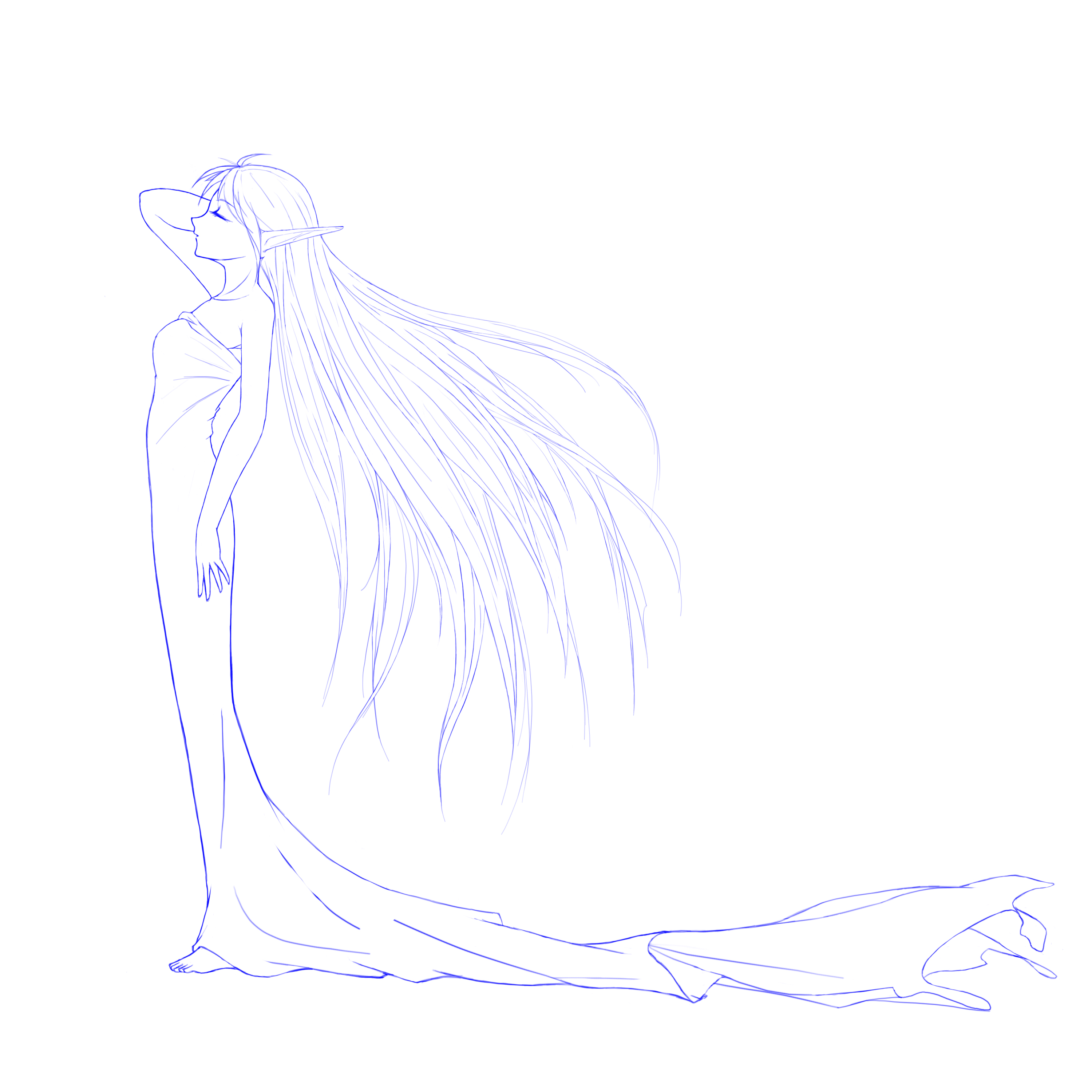 alarmy, warcraft, world of warcraft, absurdres, highres, 1girl, closed eyes, dress, elf, female focus, lineart, long hair, monochrome, pointy ears, solo, very long hair, wind