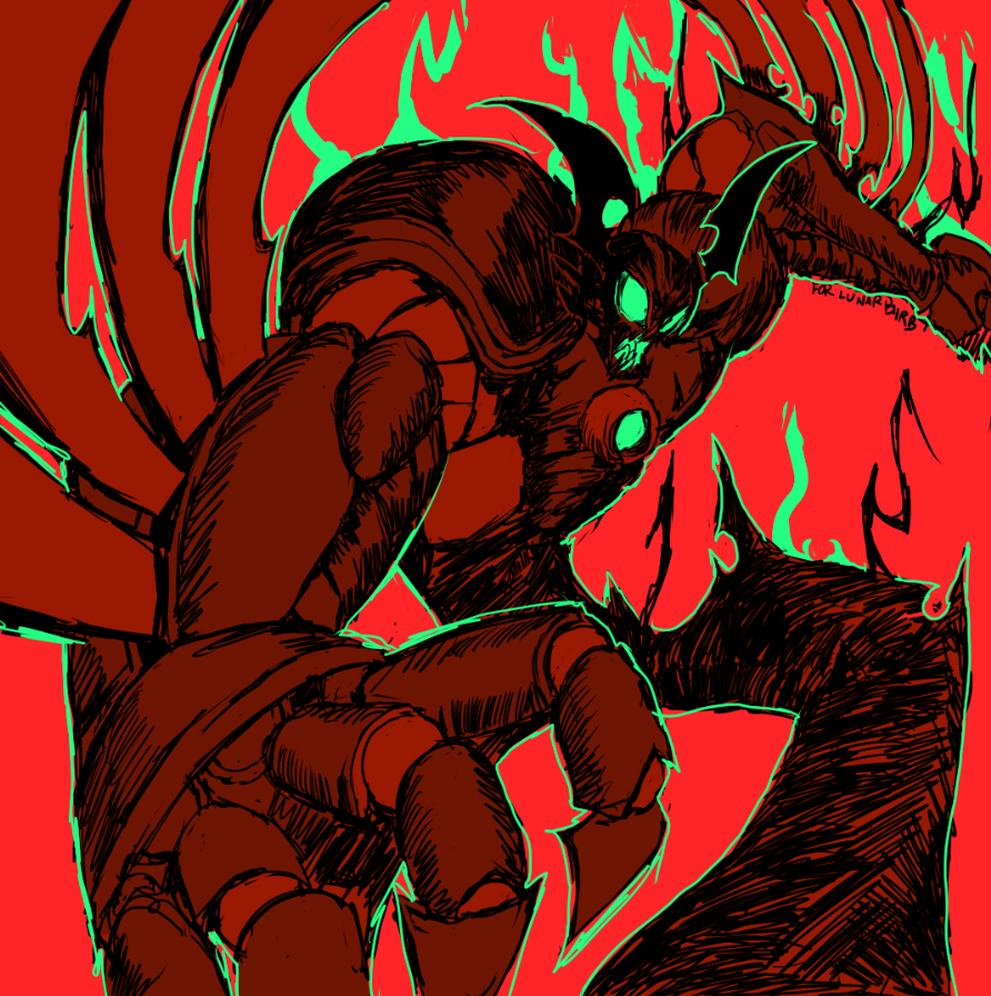 genc, getter arc, getter robo, getter robo arc, arm blade, armor, aura, biomechanical, claws, demon wings, full body, glowing, glowing eyes, green outline, head wings, mecha, mecha focus, open mouth, outline, reaching, reaching towards viewer, red armor, red background, red theme, robot, super robot, weapon, wings