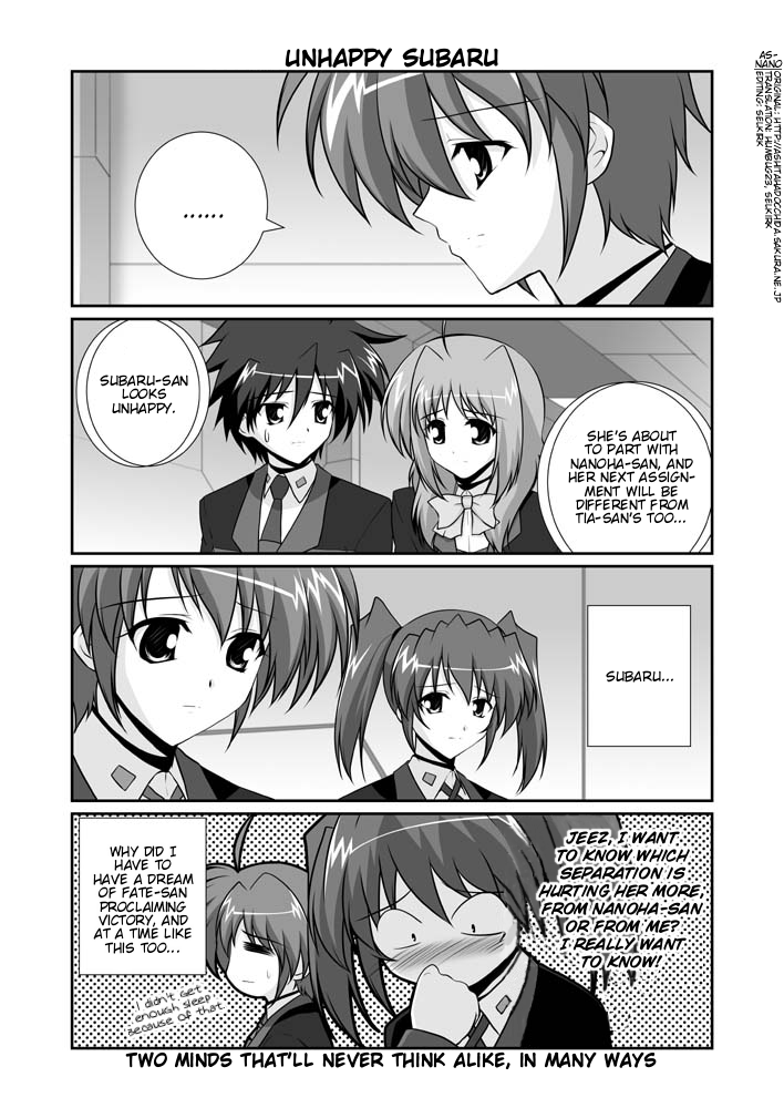 mikage takashi, caro ru lushe, erio mondial, subaru nakajima, teana lanster, lyrical nanoha, mahou shoujo lyrical nanoha, mahou shoujo lyrical nanoha strikers, hard-translated, third-party edit, translated, 00s, 1boy, 3girls, = =, ahoge, blush, bow, comic, english text, greyscale, hand to own mouth, military, military uniform, monochrome, multiple girls, twintails