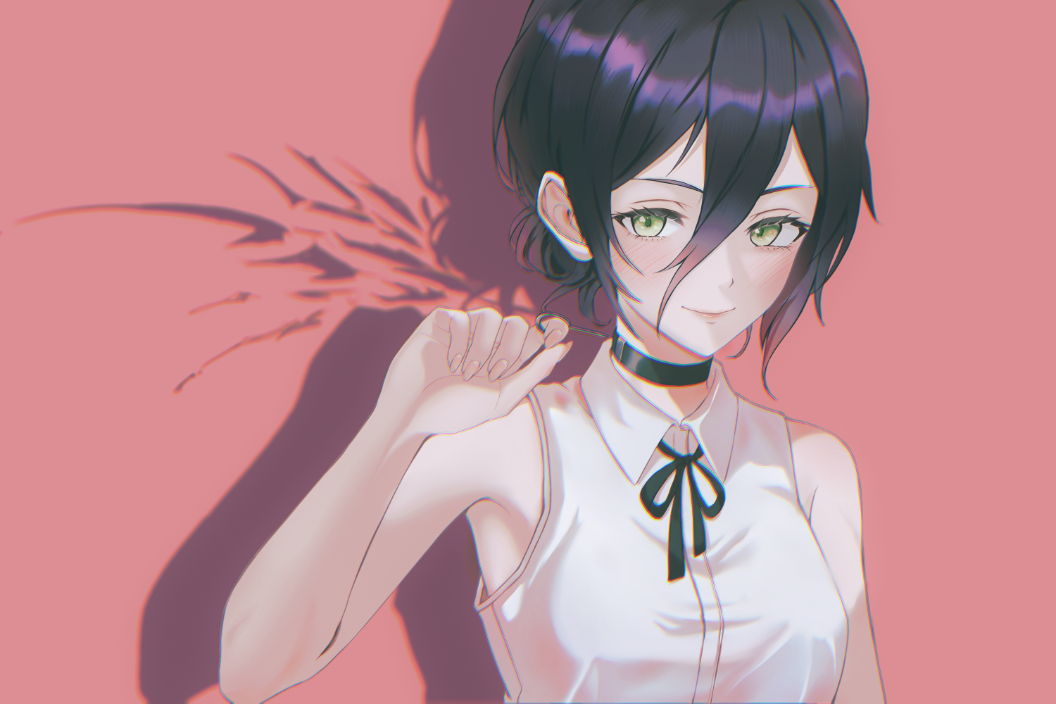 reze (chainsaw man), chainsaw man, 1girl, black choker, black hair, black ribbon, choker, closed mouth, collared shirt, green eyes, grenade pin, hair between eyes, hair bun, inxxia, pink background, ribbon, shadow, shirt, sleeveless, sleeveless shirt, smile, solo, white shirt