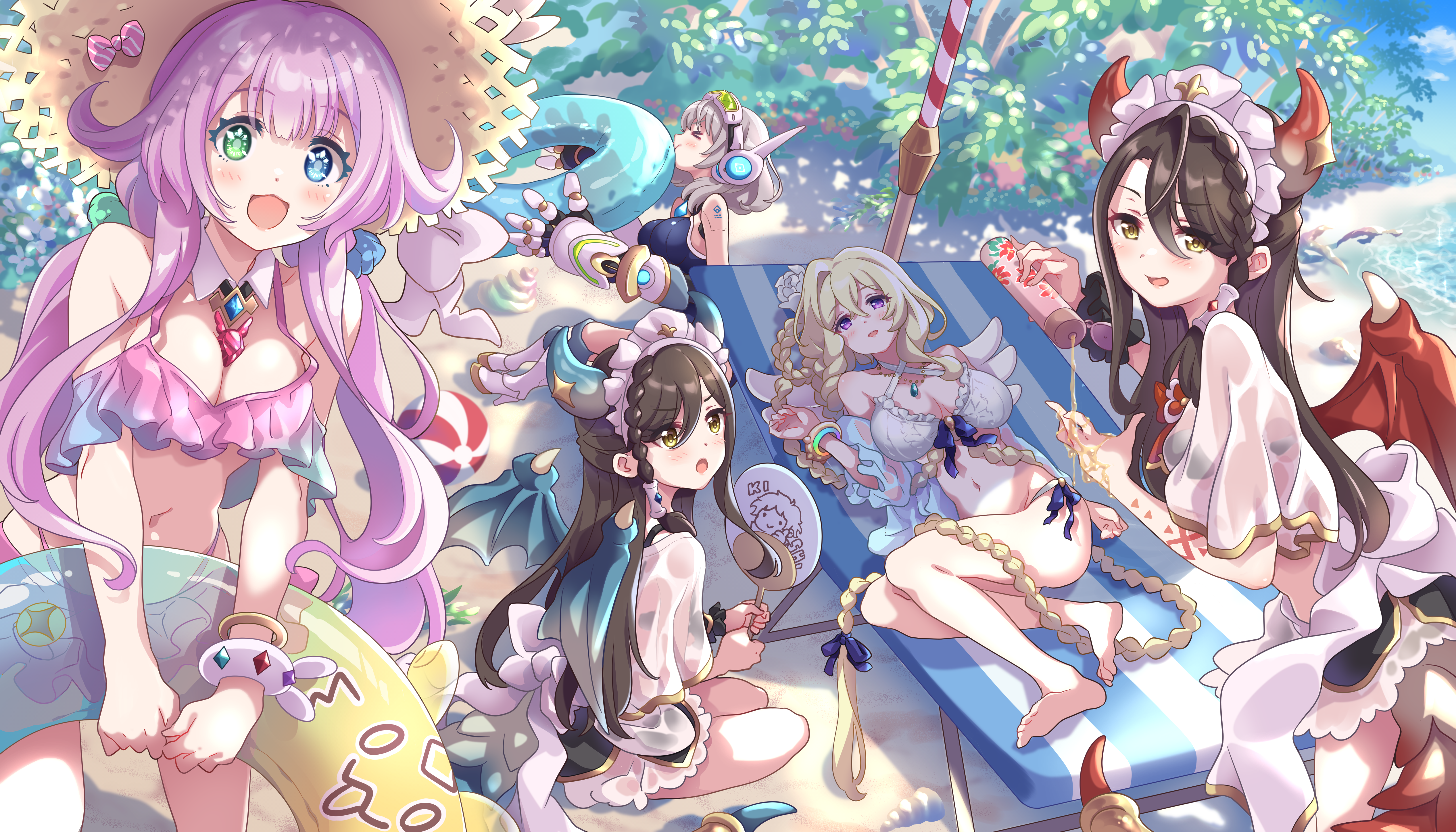 tsukachii, croce (princess connect!), kururu (princess connect!), lind (princess connect!), lyrael (princess connect!), wurm (princess connect!), princess connect!, absurdres, commentary request, highres, revision, 5girls, alternate costume, angel wings, back bow, ball, beach, beach chair, beachball, between breasts, bikini, black bikini, black hair, blonde hair, blue eyes, blue horns, blue one-piece swimsuit, blue tail, blue wings, bow, bracelet, braid, breasts, chest jewel, criss-cross halter, dragon horns, dragon tail, dragon wings, feathered wings, frilled bikini, frills, green eyes, grey hair, hair flaps, half updo, halterneck, hand fan, hat, hat bow, heterochromia, holding, holding fan, holding sunscreen, holding swim ring, horns, inflating, innertube, jewelry, large breasts, long braid, looking at viewer, low twintails, lying, maid, maid headdress, mechanical arms, multiple girls, navel, on back, one-piece swimsuit, open mouth, outdoors, pink bikini, pink hair, purple eyes, red horns, red tail, red wings, robot ears, robot girl, see-through clothes, siblings, sidelocks, sitting, smile, standing, straw hat, striped bow, swim ring, swimsuit, tail, twins, twintails, white bikini, wings, yellow eyes
