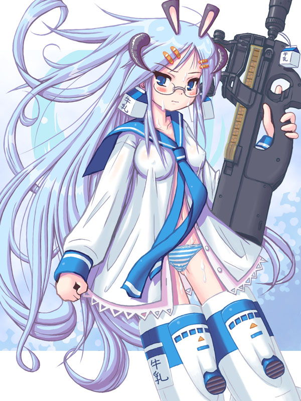phkmjx, milk-san, habanero-tan, original, 1girl, animal ears, blue hair, bullpup, female focus, glasses, gun, horizontal magazine, horns, long hair, milk, open clothes, open shirt, p90, panties, personal defense weapon, see-through clothes, shirt, solo, striker unit, striped clothes, striped panties, submachine gun, suggestive fluid, suppressor, translucent, underwear, weapon