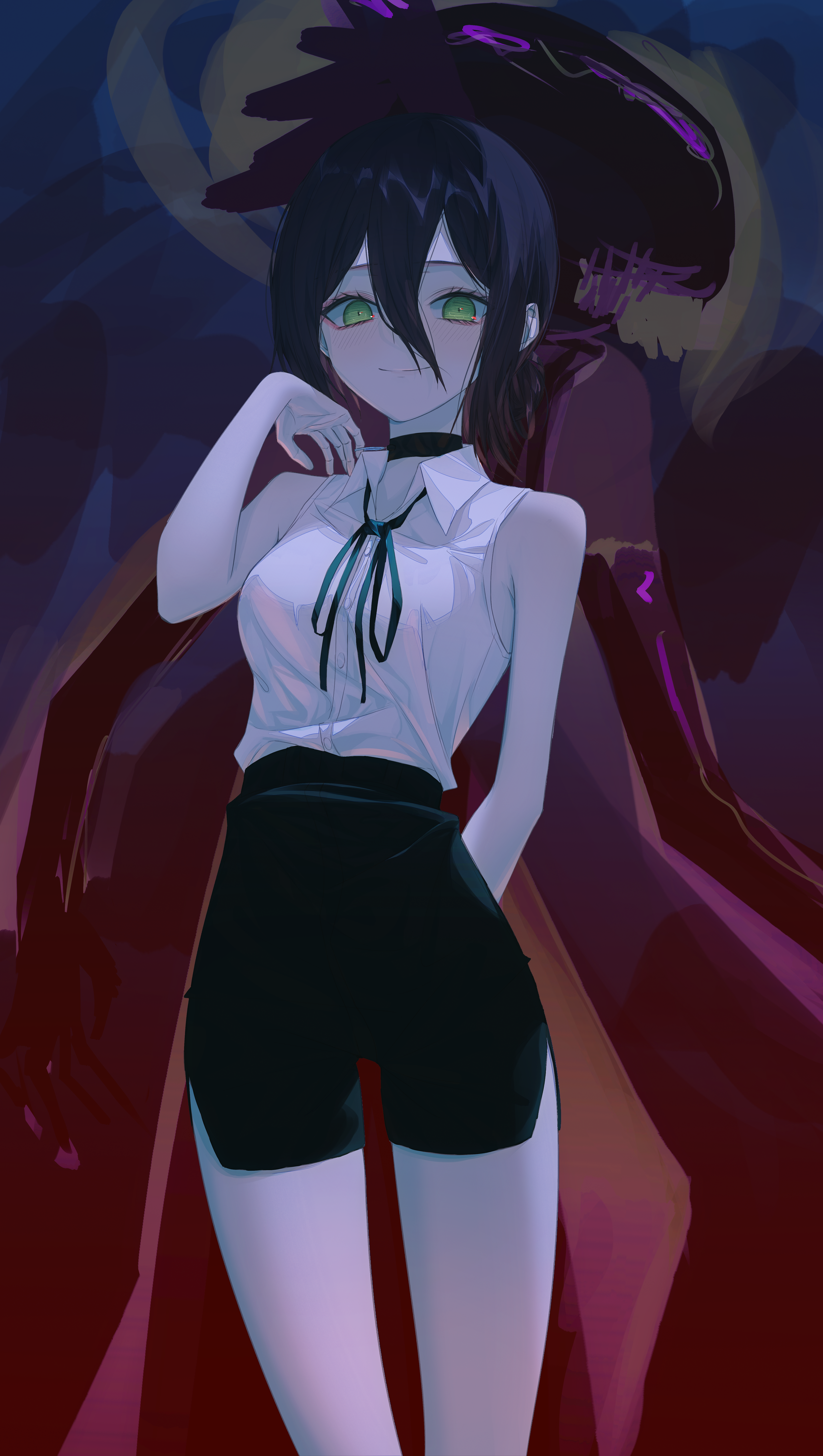bomb devil (chainsaw man), reze (chainsaw man), chainsaw man, absurdres, highres, 1girl, arm behind back, black hair, black ribbon, black shorts, closed mouth, collared shirt, green eyes, hair between eyes, hand up, looking at viewer, ribbon, shirt, short shorts, shorts, sleeveless, sleeveless shirt, smile, sorala (artist), white shirt