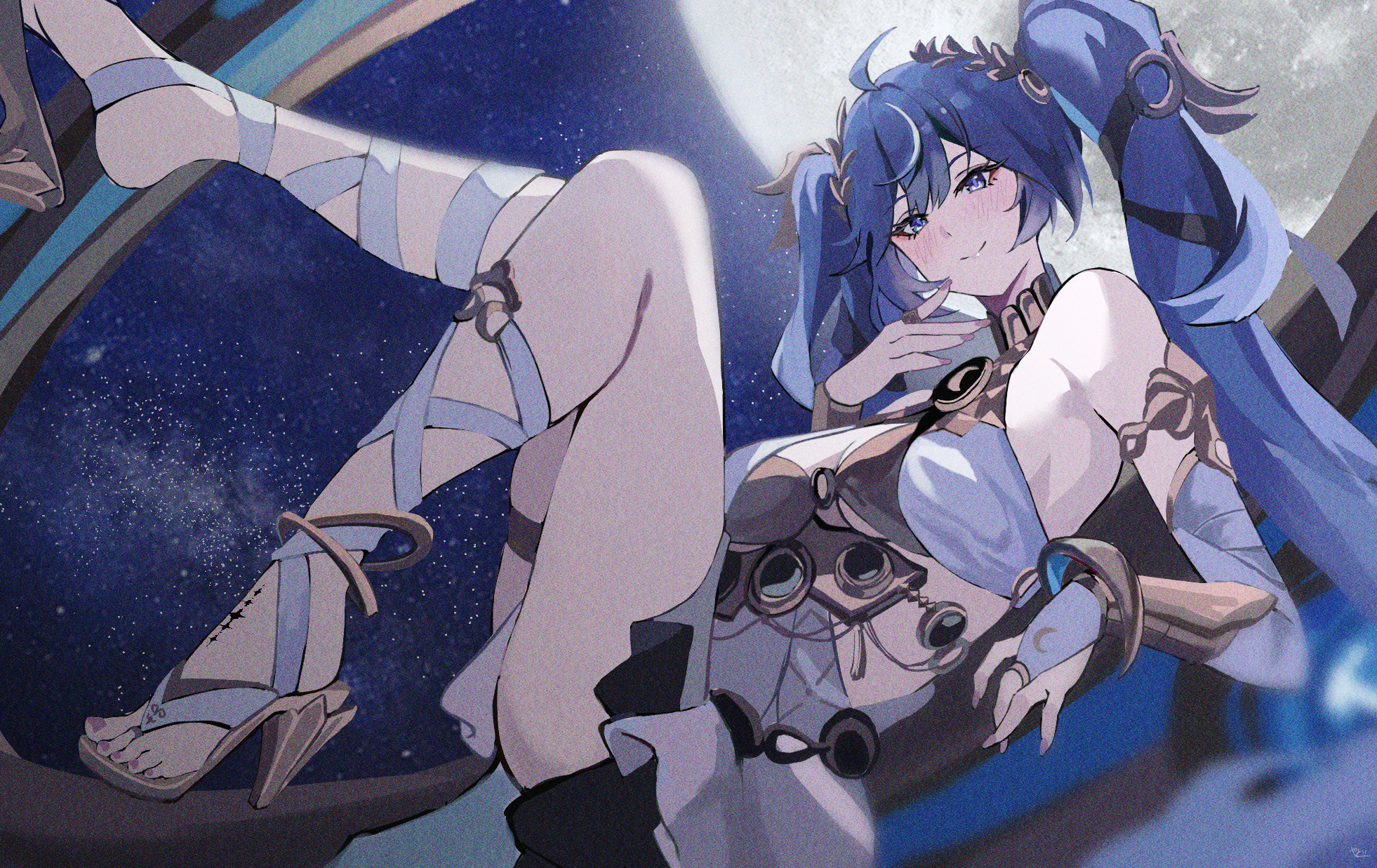 yato (yama0x1), iuno (wuthering waves), wuthering waves, commentary request, highres, partial commentary, 1girl, ahoge, ancient greek clothes, armlet, bare shoulders, black skirt, blue eyes, blue hair, breasts, bridal gauntlets, closed mouth, fingernails, gladiator sandals, gold bra, greco-roman clothes, hair between eyes, hand up, jewelry, light blush, long fingernails, long hair, looking at viewer, medium breasts, multicolored hair, nail polish, purple nails, sandals, single bridal gauntlet, skirt, smile, solo, streaked hair, tacet mark (wuthering waves), thighs, toes, twintails, very long hair, white bridal gauntlets