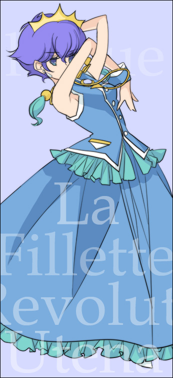 kiguchi (aprico), kaoru kozue, shoujo kakumei utena, bad id, bad pixiv id, 1990s (style), 1girl, aiguillette, blue dress, blue hair, character name, copyright name, crown, dress, flipped hair, frills, grey background, retro artstyle
