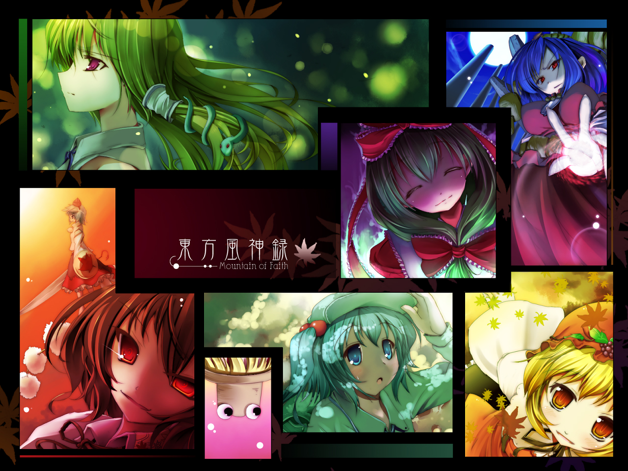 scarlet (studioscr), aki minoriko, inubashiri momiji, kagiyama hina, kawashiro nitori, kochiya sanae, moriya suwako, shameimaru aya, yasaka kanako, mountain of faith, touhou, bad id, bad pixiv id, duplicate, 6+girls, blonde hair, dappled sunlight, dress, female focus, flat cap, from side, front ponytail, full moon, hat, long sleeves, moon, multiple girls, nontraditional miko, outstretched arm, pom pom (clothes), profile, purple hair, red dress, red eyes, short hair, sunlight, tokin hat, twintails, upper body