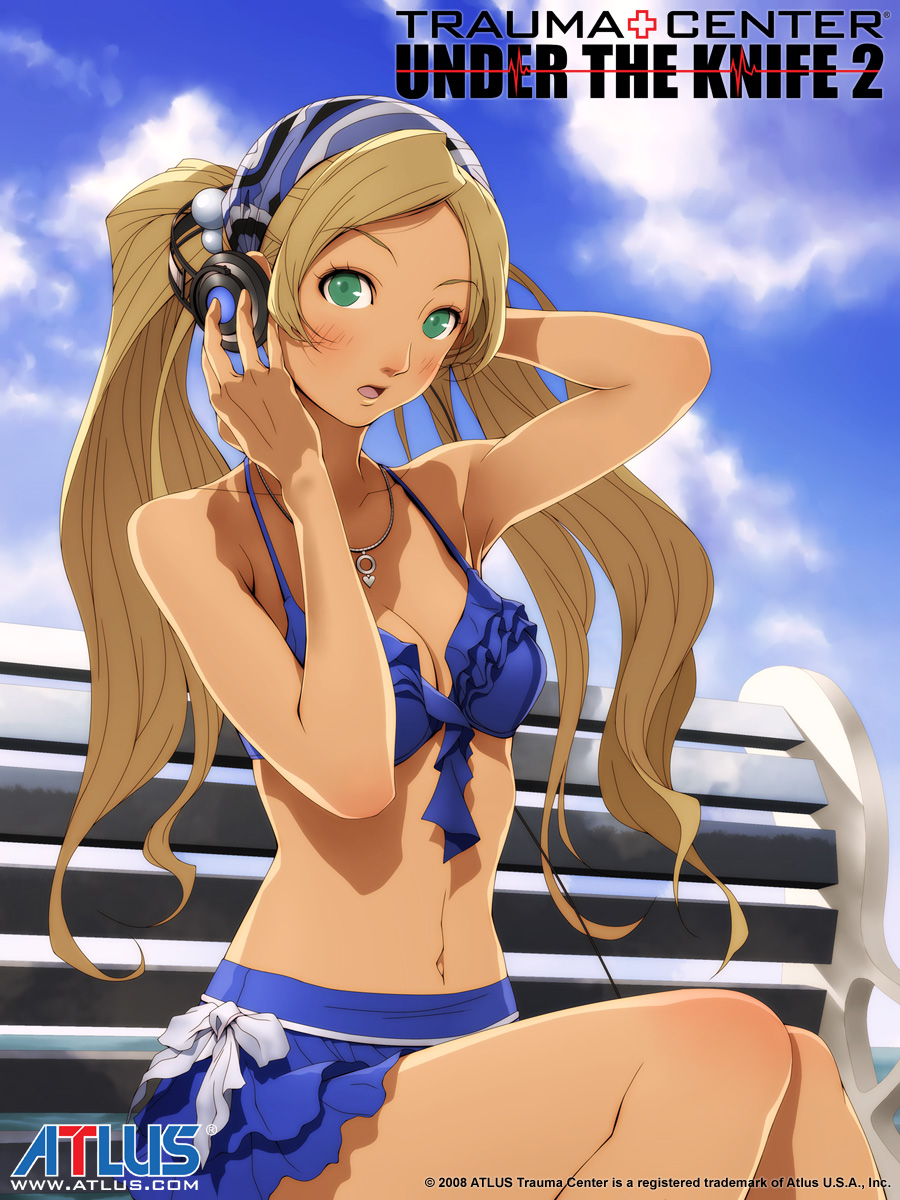 doi masayuki, tonegawa anju, chou shittou caduceus, highres, official art, 1girl, :o, bandana, bench, bikini, bikini skirt, blonde hair, blue bikini, blush, bow, breasts, cleavage, cloud, day, embarrassed, female focus, frills, front-tie top, green eyes, hair bobbles, hair ornament, headphones, heart, jewelry, long hair, medium breasts, navel, necklace, open mouth, outdoors, pendant, shadow, sitting, skirt, sky, solo, surprised, swimsuit