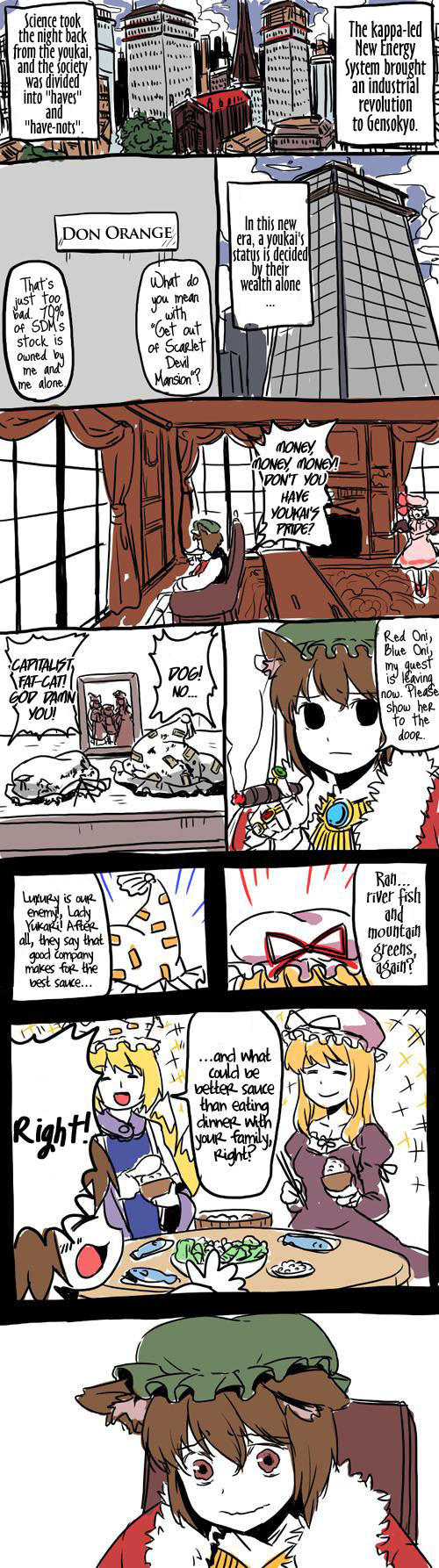 b-ginga, chen, remilia scarlet, yakumo ran, yakumo yukari, touhou, hard-translated, highres, long image, non-web source, tall image, third-party edit, translated, comic, english text, female focus, lonely, sad