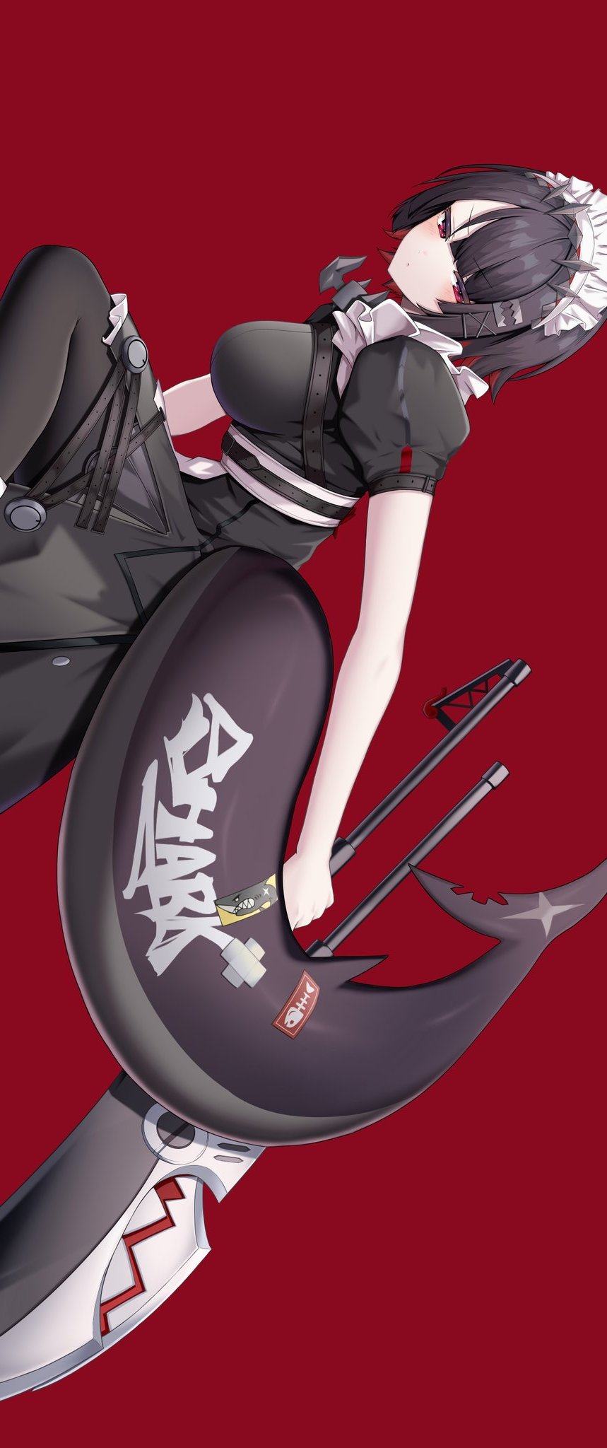 kushinaka, ellen joe, zenless zone zero, highres, 1girl, black dress, black hair, black pantyhose, breasts, closed mouth, colored inner hair, dot mouth, dress, fins, fish tail, from side, hairband, holding, holding weapon, large breasts, looking at viewer, maid headdress, metal hairband, mole, mole under eye, multicolored hair, pantyhose, red background, red eyes, red hair, shark girl, shark tail, short hair, sideways, simple background, solo, tail, weapon