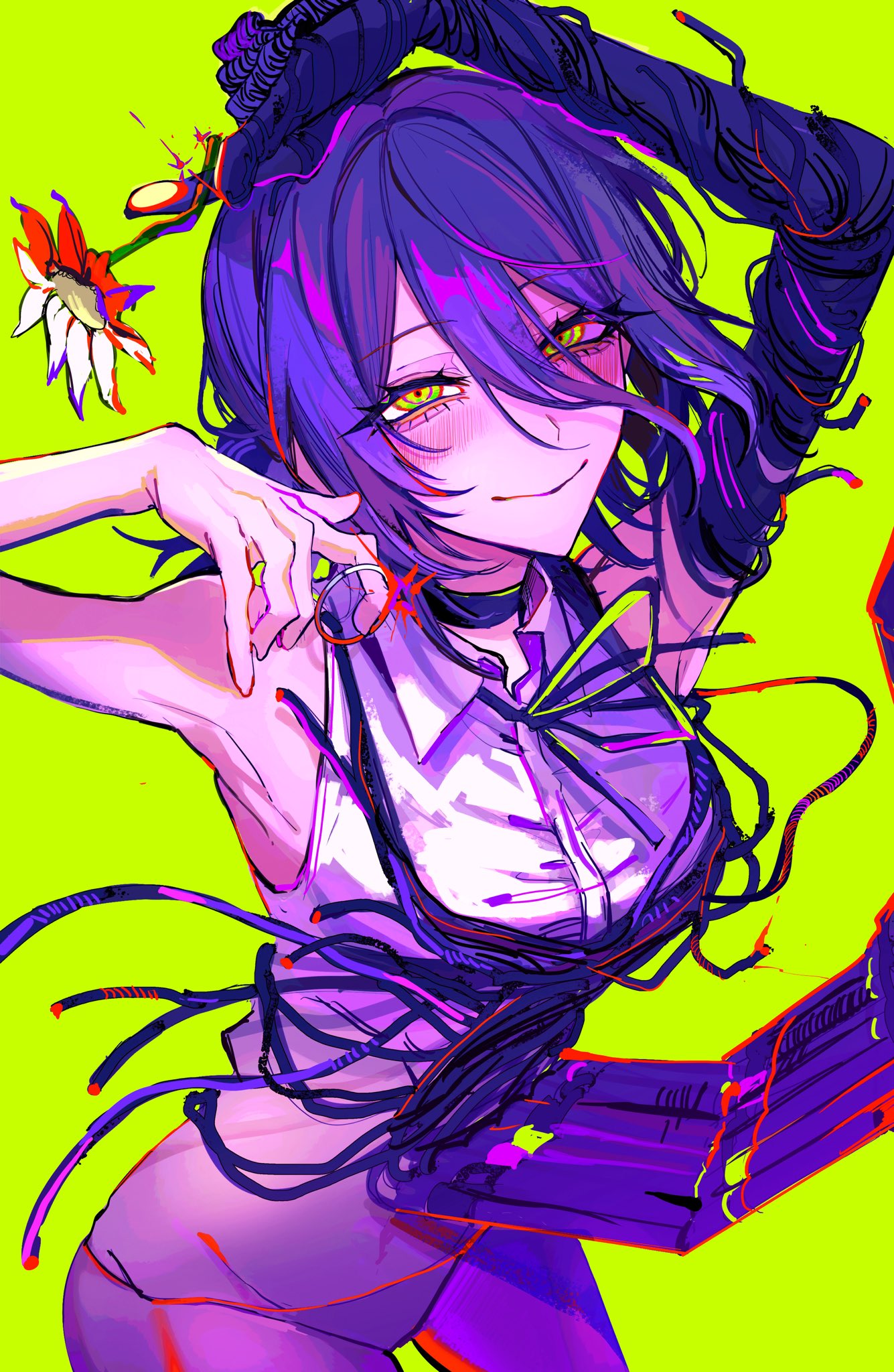 kuroume (aihikarikuroume24), reze (chainsaw man), chainsaw man, highres, 1girl, black choker, black ribbon, choker, collared shirt, green eyes, grenade pin, hair between eyes, hair bun, neck ribbon, pull cord, ribbon, shirt, shirt tucked in, single hair bun, sleeveless, sleeveless shirt, smile, solo