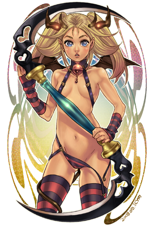 icym, original, bad id, bad pixiv id, 1girl, bat wings, blonde hair, blue eyes, demon girl, female focus, horns, long hair, pointy ears, scythe, solo, striped clothes, striped thighhighs, tail, thighhighs, twintails, wardrobe malfunction, wings