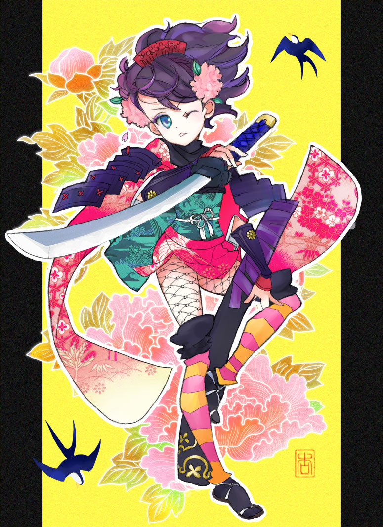 kiguchi (aprico), momohime, oboro muramasa, original, multicolored legwear, bad id, bad pixiv id, 1girl, armor, bird, blue eyes, brids, cherry blossoms, comb, female focus, fishnets, floral print, flower, gauntlets, hair flower, hair ornament, holding, holding sword, holding weapon, japanese armor, japanese clothes, katana, kimono, kote, kurokote, one eye closed, pale skin, purple hair, sandals, sheath, short kimono, shoulder armor, skirt, sode, solo, striped clothes, striped thighhighs, sword, thighhighs, weapon, wink