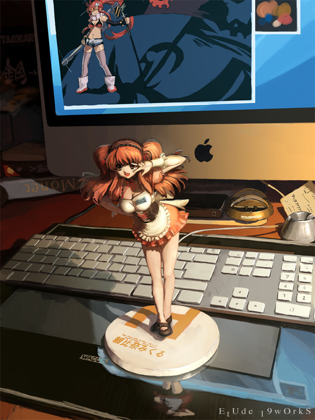 nekkeau, asahina mikuru, yoko littner, apple inc., suzumiya haruhi no yuuutsu, tengen toppa gurren lagann, wacom, photo-referenced, 00s, 2girls, alternate costume, breasts, brown eyes, brown hair, cleavage, computer, computer keyboard, drawing tablet, enmaided, figure, imac, large breasts, maid, multiple girls, photorealistic, realistic, red hair, short shorts, shorts, thighhighs, v, v over eye