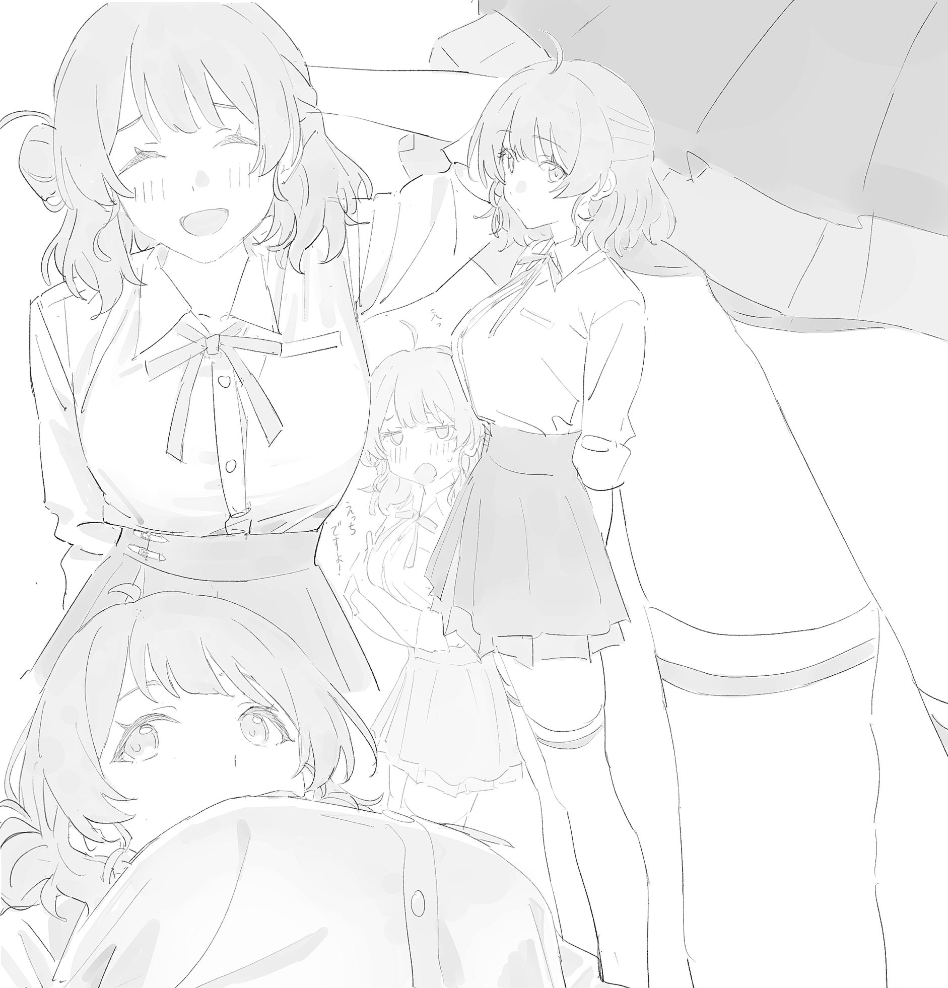 mikazuchi zeus, hanami ume, gakuen idolmaster, idolmaster, highres, 1girl, :d, ^ ^, ahoge, arm behind head, arms behind back, arms under breasts, blush, breasts, closed eyes, collared shirt, covered mouth, dress shirt, half updo, jitome, large breasts, monochrome, multiple views, open mouth, pleated skirt, school uniform, shirt, short hair, simple background, single horizontal stripe, skirt, smile, thighhighs, white background, zettai ryouiki