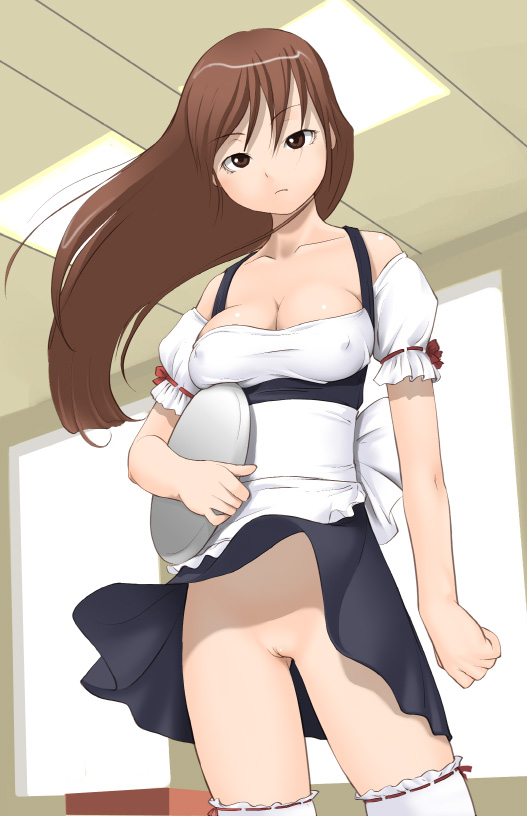 makochin, 1girl, apron, breasts, brown eyes, brown hair, cleavage, cleft of venus, covered erect nipples, female focus, indoors, large breasts, long hair, looking at viewer, maid, nipples, no bra, no panties, solo, thighhighs, uncensored, upskirt, waist apron, waitress, wind, wind lift