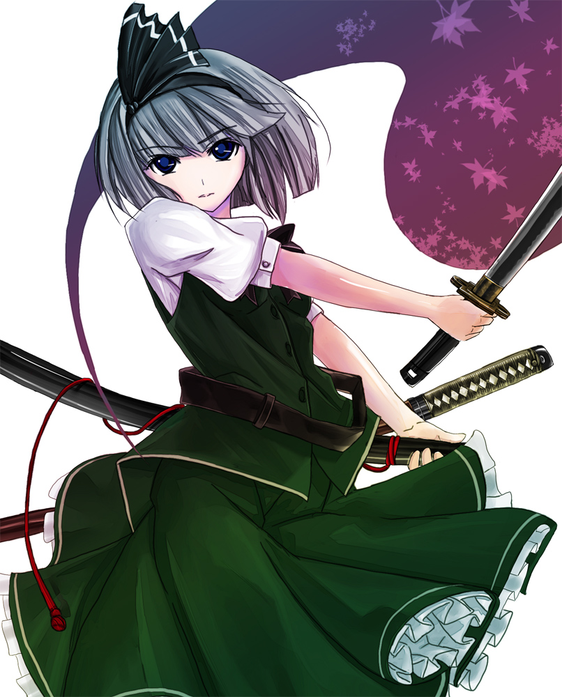 fullerene, fullerene (pixiv), konpaku youmu, konpaku youmu (ghost), touhou, 1girl, blue eyes, female focus, hairband, hitodama, katana, ribbon, short hair, solo, sword, weapon, white hair