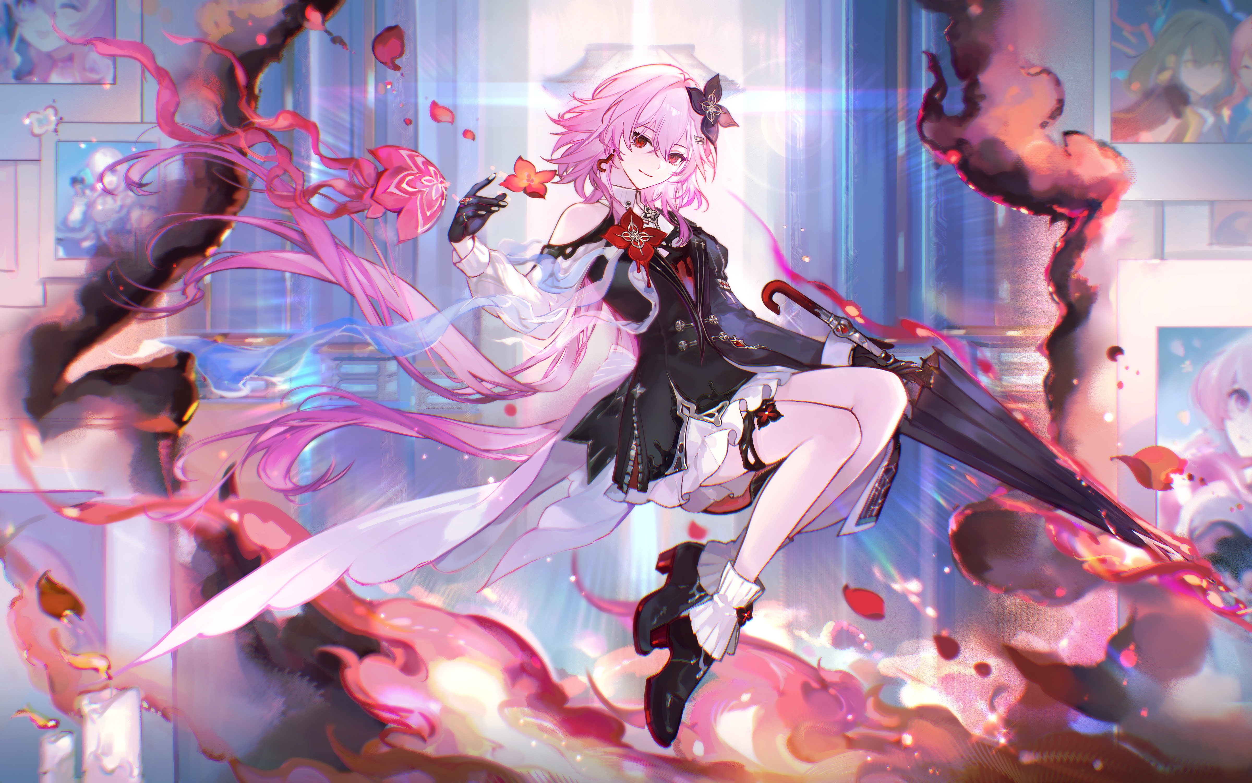 sanmen, evernight (honkai: star rail), march 7th (honkai: star rail), honkai: star rail, honkai (series), absurdres, highres, 1girl, asymmetrical dress, black boots, black dress, black flower, black gloves, boots, dress, floating hair, flower, full body, gloves, hair between eyes, hair flower, hair ornament, hand up, long hair, long sleeves, looking at viewer, official alternate costume, official alternate eye color, official alternate hair length, official alternate hairstyle, pink hair, red eyes, single bare shoulder, smile, solo