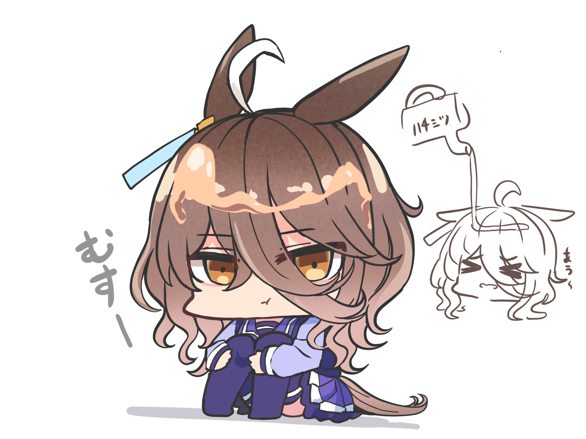 kawamochi (tddm3573), manhattan cafe (umamusume), umamusume, highres, translation request, > <, 1girl, :t, ahoge, alternate hair color, brown eyes, brown hair, chibi, closed eyes, closed mouth, convenient leg, hair between eyes, horse girl, knees up, multicolored hair, multiple views, parted lips, pleated skirt, pouring, pout, purple shirt, purple skirt, purple thighhighs, school uniform, shadow, shirt, simple background, skirt, thighhighs, tracen school uniform, two-tone hair, wavy mouth, white background, white hair