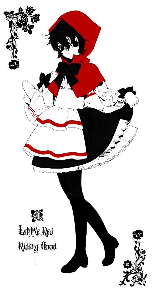 hiiragi akio, little red riding hood (fairy tale character), little red riding hood (fairy tale), bad id, bad pixiv id, 1girl, apron, black hair, dress, female focus, hood, monochrome, pantyhose, ribbon, short hair, solo