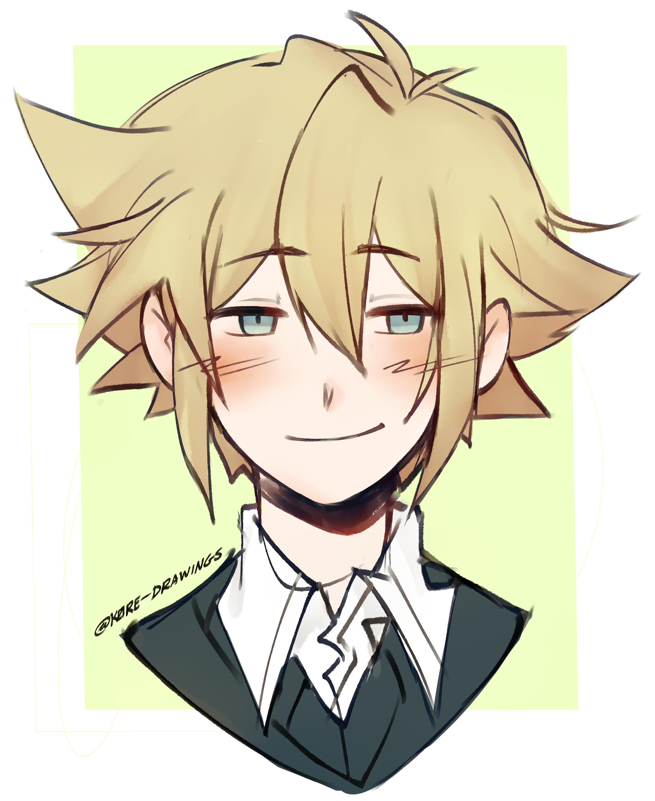 k0re drawings, basil (faraway) (omori), basil (omori), omori, absurdres, commentary, english commentary, highres, 1boy, antenna hair, aqua eyes, black sweater, blonde hair, blush, closed mouth, collared shirt, cropped head, double-parted bangs, facing viewer, flipped hair, hair between eyes, half-closed eyes, looking to the side, male focus, shirt, short hair, sidelocks, simple background, smile, smug, solo, sweater, twitter username, white shirt, yellow background