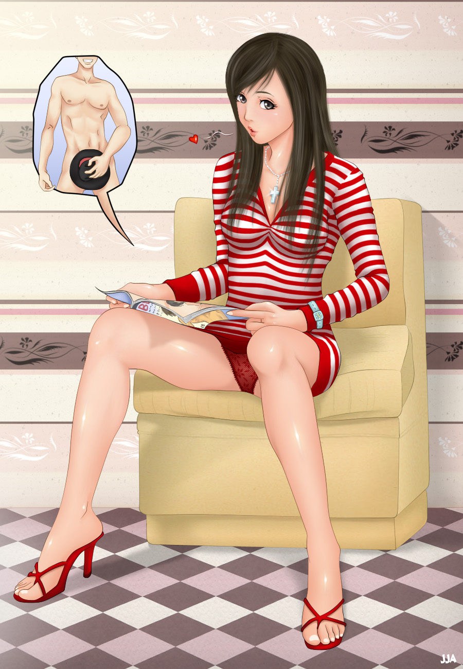 khalitzburg, original, highres, brown eyes, brown hair, feet, heart, high heels, jewelry, legs, lips, long hair, necklace, open shoes, panties, pornography, sandals, shoes, sitting, solo, speech bubble, toes, underwear, watch
