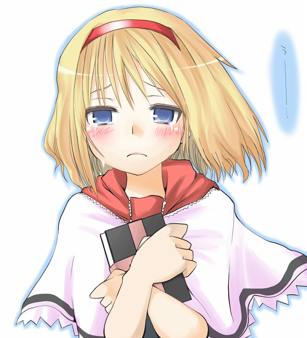 hane (hanegoya), alice margatroid, touhou, 1girl, blonde hair, blue eyes, blush, book, crossed arms, female focus, grimoire, grimoire of alice, hairband, hugging object, looking at viewer, short hair, simple background, solo, upper body, white background