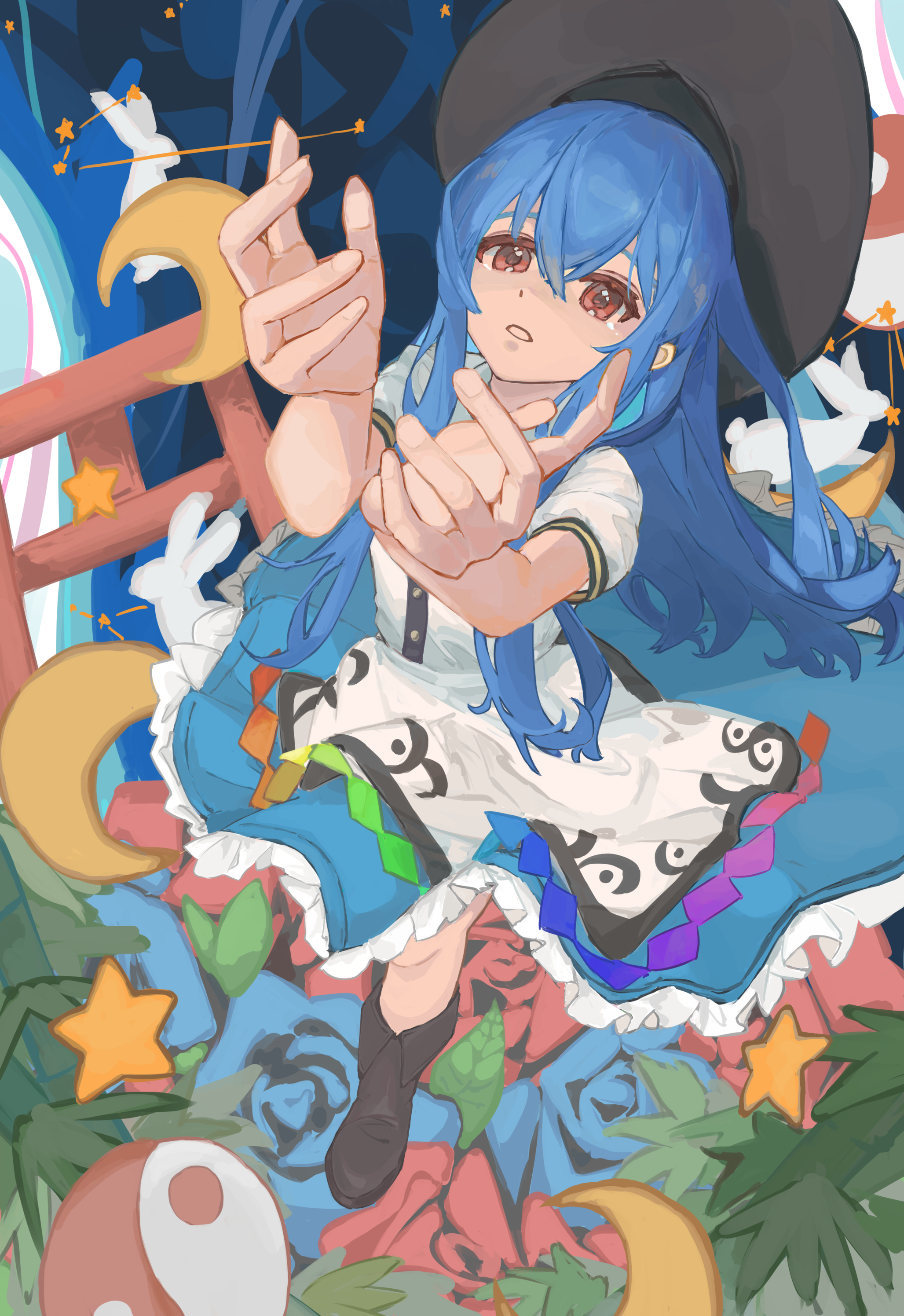 hirachill16, hinanawi tenshi, touhou, absurdres, commentary request, highres, 1girl, apron, black boots, black hat, blue flower, blue hair, blue rose, blue skirt, boots, constellation, crescent moon, flower, foliage, frilled skirt, frills, hands up, hat, head back, long hair, moon, parted lips, rainbow gradient, red eyes, red flower, red rose, rose, shirt, short sleeves, skirt, solo, star (symbol), torii, white apron, white rabbit (animal), white shirt, yin yang