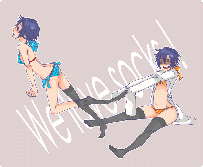 ten, ten (ch), shadow (persona), shadow naoto, shirogane naoto, atlus, persona, persona 4, bad id, bad pixiv id, 2girls, androgynous, bikini, blue hair, breasts, dark persona, dual persona, female focus, lab coat, long sleeves, multiple girls, oversized clothes, reverse trap, short hair, swimsuit, thighhighs, yellow eyes