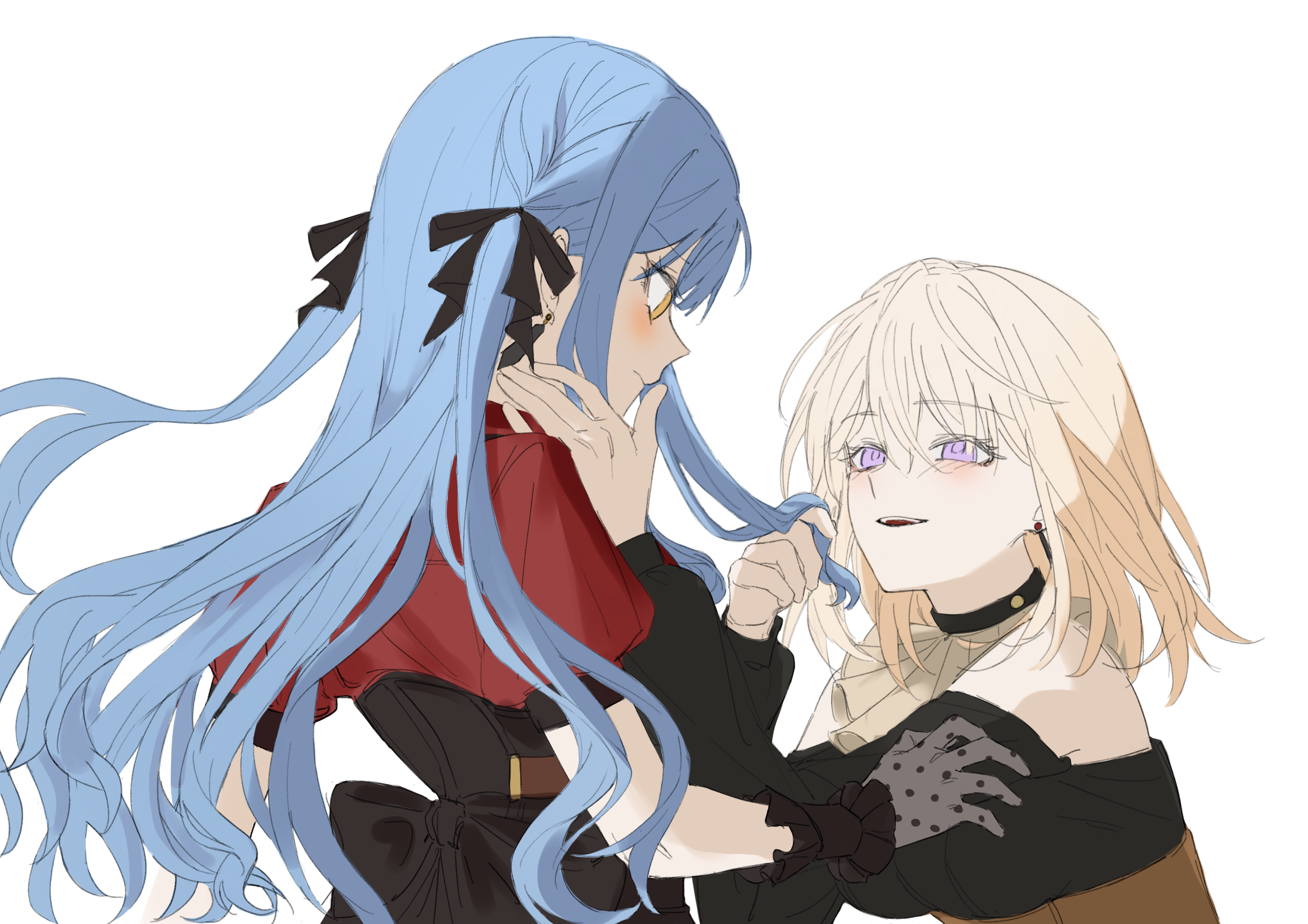 omo cccc, doloris (bang dream!), misumi uika, oblivionis (bang dream!), togawa sakiko, bang dream!, bang dream! it's mygo!!!!!, absurdres, chinese commentary, commentary request, highres, 2girls, black corset, black dress, black ribbon, blonde hair, blue hair, blush, closed mouth, clothing cutout, corset, dress, earrings, gloves, grey gloves, hair between eyes, hair ribbon, hand on another's cheek, hand on another's face, holding another's hair, jewelry, long hair, long sleeves, medium hair, multiple girls, open mouth, purple eyes, red shirt, ribbon, shirt, shoulder cutout, sidelocks, simple background, teeth, two side up, upper teeth only, white background, yuri