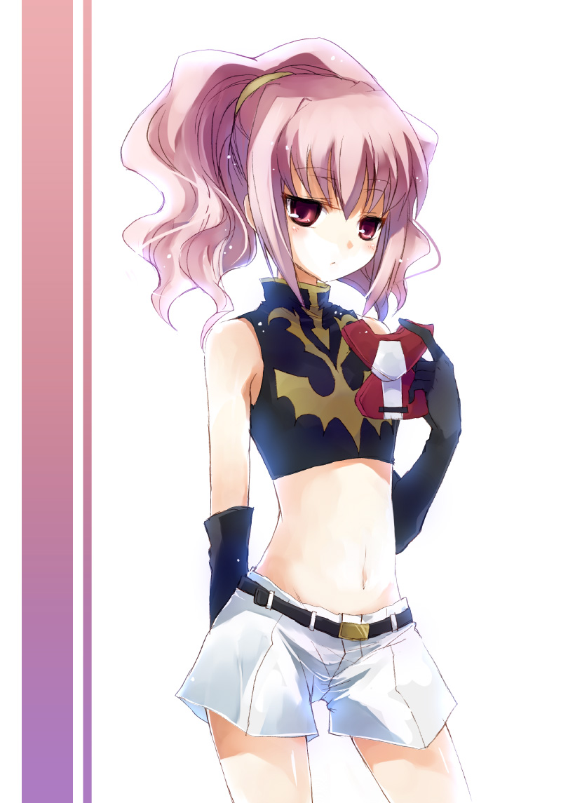 suzushiro kurumi, anya alstreim, code geass, 00s, 1girl, arm at side, belt, black gloves, cowboy shot, elbow gloves, expressionless, female focus, flat chest, gloves, hair ornament, long hair, looking at viewer, midriff, navel, pink eyes, pink hair, ponytail, red eyes, shorts, sleeveless, solo, stomach, white background, white shorts