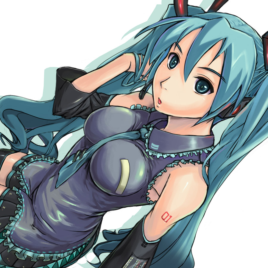 nomiya37564, hatsune miku, vocaloid, 1girl, aqua eyes, aqua hair, blue eyes, blue hair, breasts, dutch angle, female focus, frills, impossible clothes, long hair, matching hair/eyes, microphone, necktie, solo, twintails