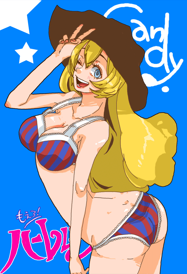 ten, ten (ch), original, bad id, bad pixiv id, 1girl, ass, blonde hair, blue eyes, bra, cowboy hat, cowboy western, female focus, hat, lingerie, one eye closed, panties, solo, striped clothes, striped panties, underwear, underwear only, v, wink