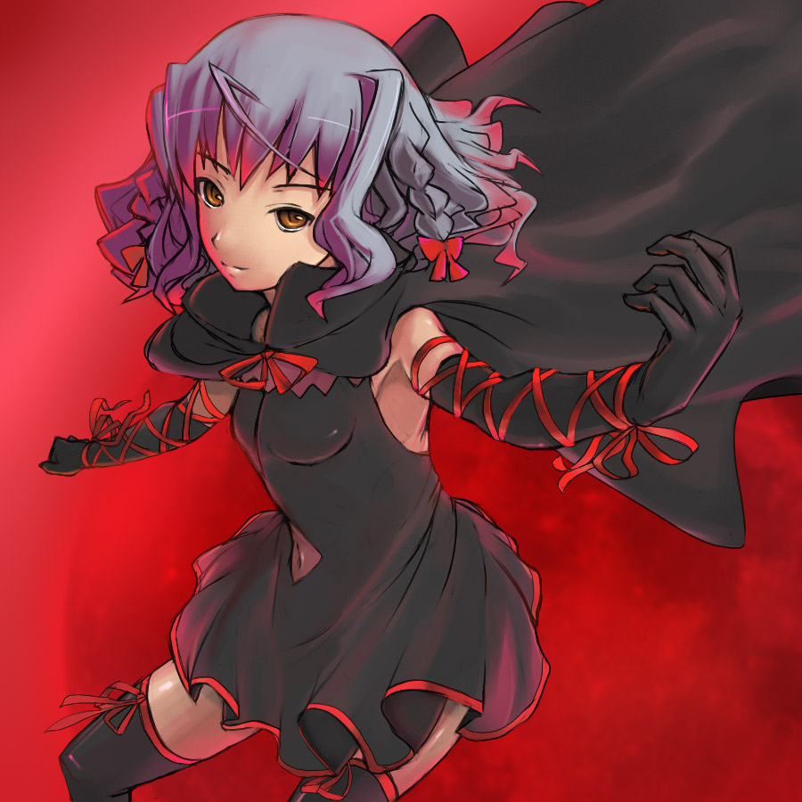 nomiya37564, bell zephyr, night wizard, 00s, ahoge, armpits, braid, cape, dress, elbow gloves, gloves, navel, purple hair, ribbon, short hair, solo, thighhighs, yellow eyes, zettai ryouiki