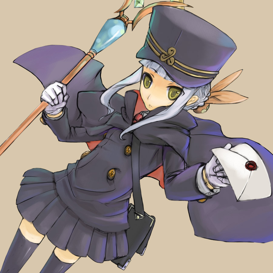 nomiya37564, fumika, kanaka, shigofumi, silver hair, 00s, bag, blazer, cloak, gloves, hat, jacket, letter, messenger bag, satchel, shako cap, shoulder bag, solo, staff, thighhighs, yellow eyes