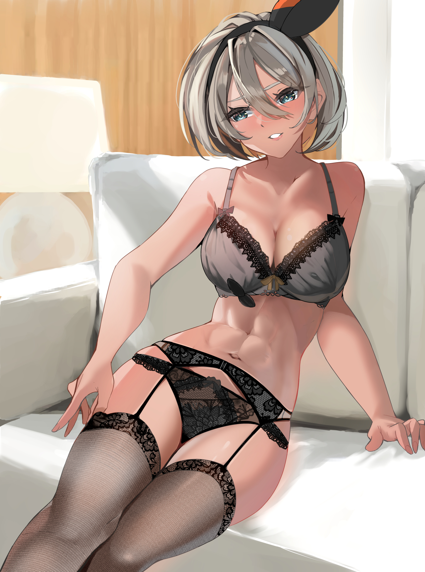momdy (talesshinja), bea (pokemon), nintendo, pokemon, pokemon swsh, highres, 1girl, abs, alternate costume, bare shoulders, black bra, black hairband, black panties, black thighhighs, blush, bow hairband, bra, breasts, cleavage, collarbone, couch, dark-skinned female, dark skin, garter belt, garter straps, grey eyes, grey hair, grin, hair between eyes, hairband, indoors, lace, lace trim, lamp, large breasts, lingerie, looking at viewer, midriff, navel, open mouth, panties, short hair, sitting, smile, solo, thighhighs, underwear