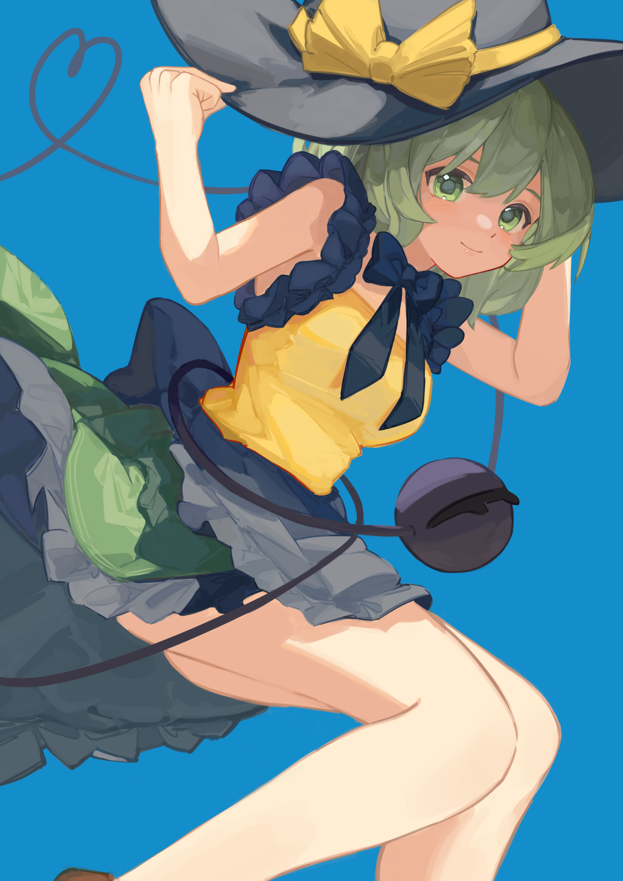 hirachill16, komeiji koishi, touhou, absurdres, commentary request, highres, 1girl, black bow, black bowtie, black hat, black skirt, blue background, bow, bowtie, feet out of frame, floral print, floral print skirt, frilled skirt, frilled straps, frills, from below, green eyes, green hair, green skirt, hands on headwear, hat, hat bow, knees, light blush, lips, medium hair, print skirt, shirt, skirt, smile, solo, thighs, third eye, yellow bow, yellow shirt