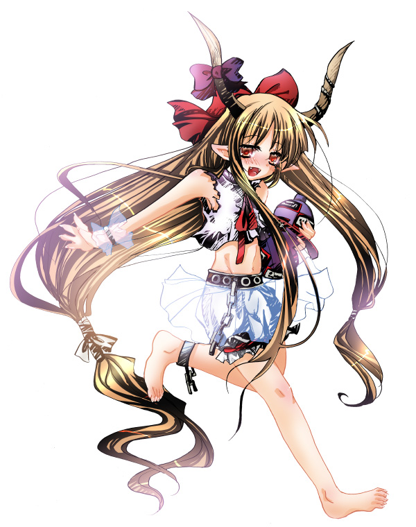 sakayaki (burning soul), ibuki suika, touhou, bad id, bad pixiv id, 1girl, barefoot, bow, chain, drunk, fangs, female focus, gourd, horns, long hair, low-tied long hair, orange hair, pointy ears, red eyes, solo