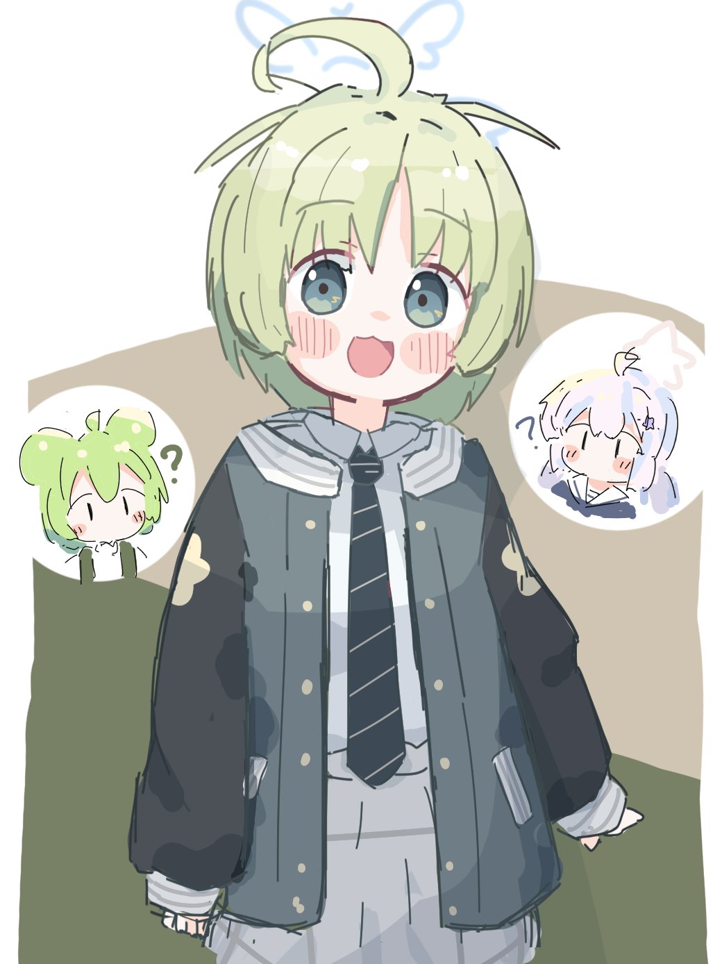 reisa (blue archive), zundamon, blue archive, voicevox, highres, 3girls, :3, ?, ahoge, black jacket, black necktie, blush, blush stickers, collared shirt, green eyes, green hair, grey skirt, halo, jacket, long sleeves, looking at viewer, multiple girls, necktie, open clothes, open jacket, open mouth, pleated skirt, ritsu (blue archive), sb10 3s, shirt, short hair, skirt, smile, solo focus, striped necktie, white shirt