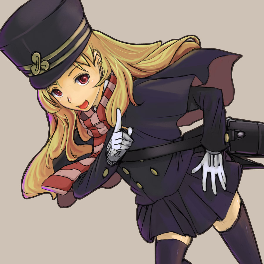 nomiya37564, chiaki (shigofumi), shigofumi, 00s, 1girl, bag, blazer, blonde hair, cloak, female focus, gloves, hat, jacket, long hair, red eyes, satchel, scarf, shako cap, skirt, smile, solo, striped clothes, striped scarf, thighhighs