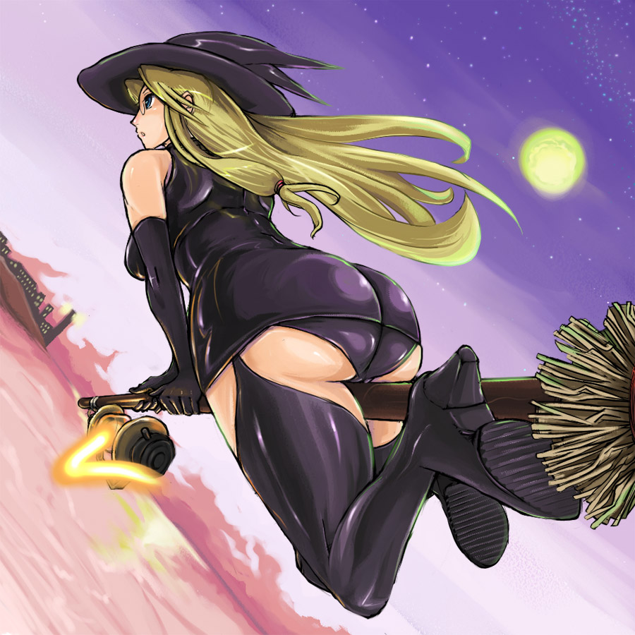 nomiya37564, 1girl, ass, blonde hair, blue eyes, boots, broom, female focus, flying, glasses, gloves, hat, huge ass, lantern, long hair, panties, pantyshot, solo, thigh boots, thighhighs, underwear, witch, witch hat