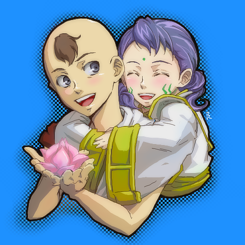 norbu, sakuya (eureka seven), eureka seven, eureka seven (series), lowres, 00s, 1boy, 1girl, closed eyes, couple, flower, hetero, hug, oekaki, purple hair