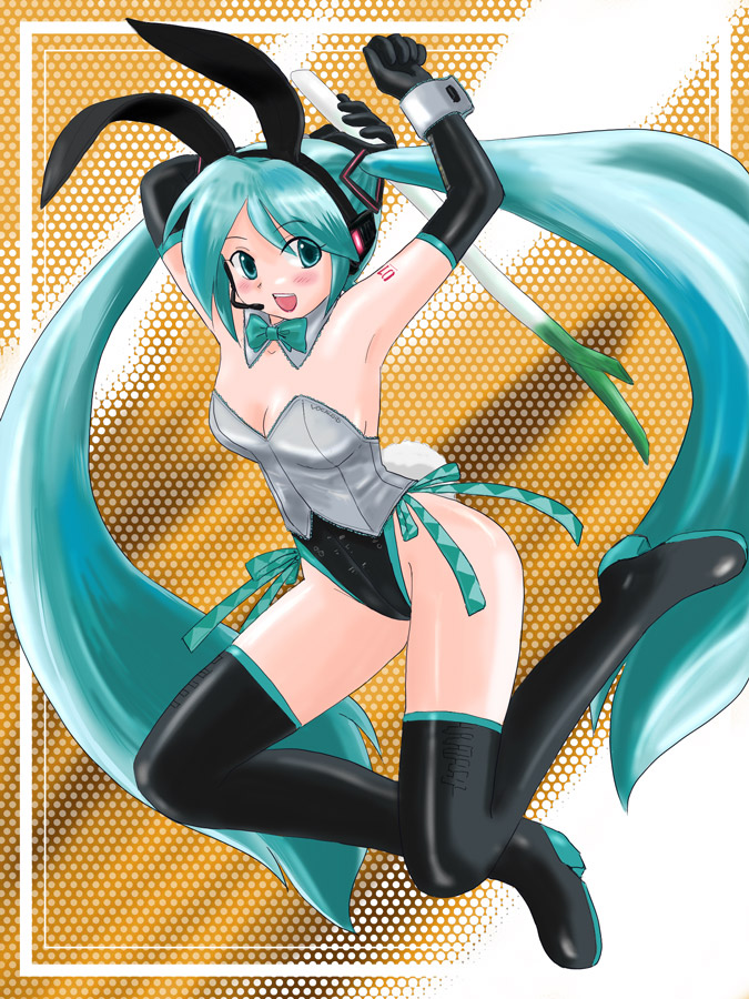 marison (aono107), ultramarine, hatsune miku, vocaloid, 1girl, animal ears, boots, fake animal ears, female focus, gloves, green eyes, green hair, headset, long hair, matching hair/eyes, playboy bunny, rabbit ears, solo, spring onion, thigh boots, thighhighs, twintails, very long hair