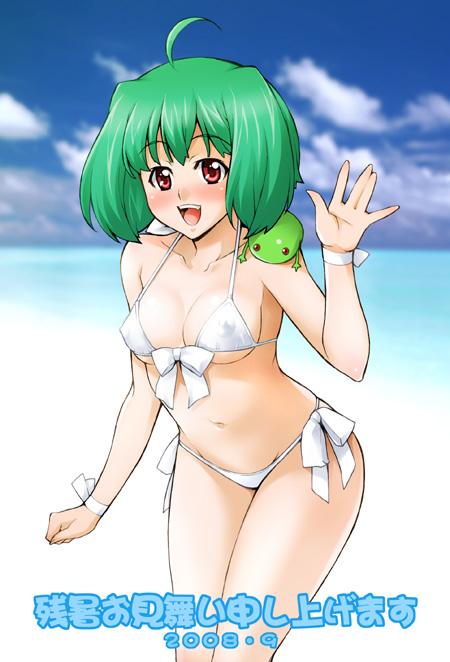 takurou, takurou (mix fry), ranka lee, macross, macross frontier, hand gesture, 00s, 1girl, :d, ahoge, beach, bikini, collarbone, creature, day, female focus, looking at viewer, navel, ocean, on shoulder, open mouth, outdoors, red eyes, sand, side-tie bikini bottom, smile, solo, standing, stomach, swimsuit, water, waving, white bikini