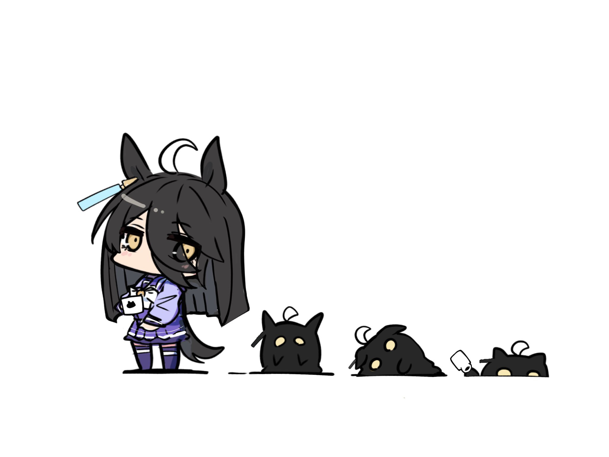 kawamochi (tddm3573), manhattan cafe (umamusume), umamusume, highres, 1girl, ahoge, animal ears, black hair, bow, brown eyes, chibi, cup, eyes visible through hair, hair over one eye, holding, holding cup, horse ears, horse girl, horse tail, long hair, long sleeves, mug, multicolored hair, no shoes, pleated skirt, puffy long sleeves, puffy sleeves, purple shirt, purple skirt, purple thighhighs, school uniform, shadow, shirt, simple background, skirt, standing, tail, thighhighs, tracen school uniform, two-tone hair, very long hair, white background, white bow, white hair