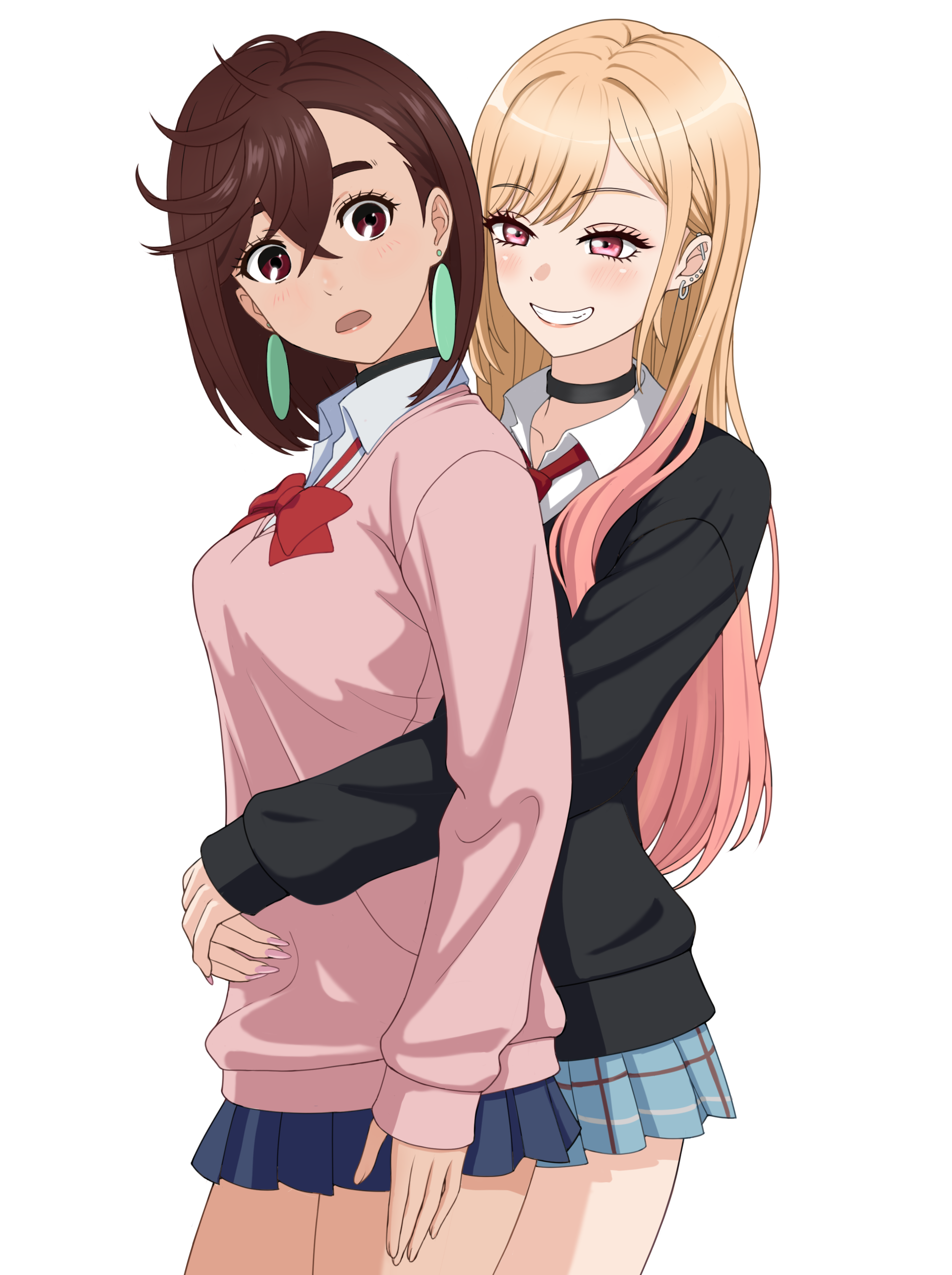 kyouji44288608, ayase momo, kitagawa marin, dandadan, sono bisque doll wa koi wo suru, absurdres, commentary, highres, revision, 2girls, barbell piercing, black choker, black sweater, blonde hair, blue skirt, bow, bowtie, breasts, brown eyes, brown hair, choker, collared shirt, crossover, earrings, gradient hair, grin, gyaru, hug, hug from behind, jewelry, long hair, long sleeves, medium breasts, medium hair, miniskirt, multicolored hair, multiple girls, necktie, open mouth, piercing, pink eyes, pink hair, pink nails, pink sweater, red bow, red bowtie, red necktie, school uniform, season connection, shirt, simple background, skirt, smile, sweater, trait connection, very long hair, white background, white shirt
