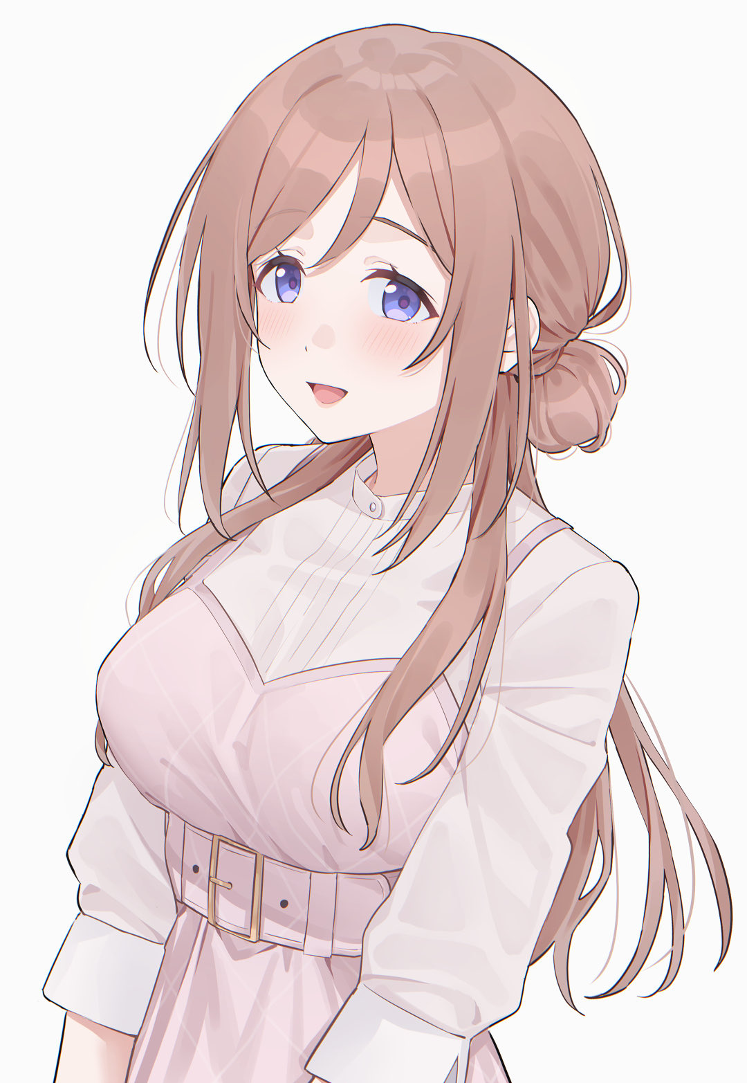 mikazuchi zeus, himesaki rinami, gakuen idolmaster, idolmaster, commentary, highres, symbol-only commentary, 1girl, :d, belt, blue eyes, blush, brown hair, casual, dress, hair bun, long hair, looking at viewer, open mouth, pink dress, shirt, simple background, smile, solo, upper body, white background, white shirt