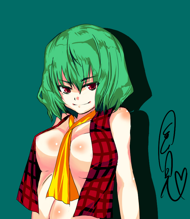 kuze, kazami yuuka, touhou, bad id, bad pixiv id, 1girl, ascot, between breasts, breasts, female focus, green hair, large breasts, necktie, short hair, sideboob, solo