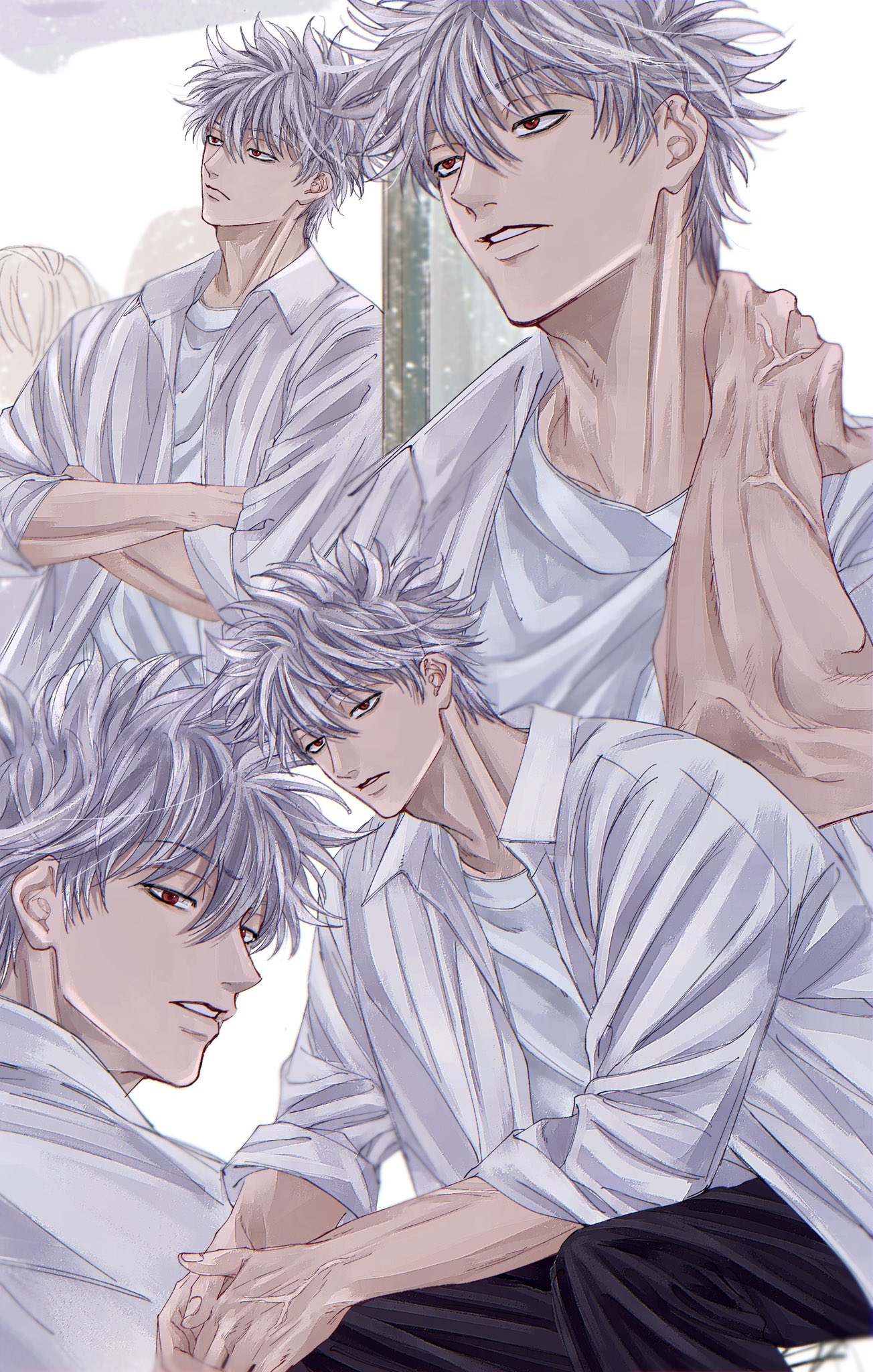 kihn gm, sakata gintoki, gintama, commentary request, highres, crossed arms, hair between eyes, hand on own neck, jacket, looking ahead, looking back, male focus, multiple views, parted lips, red eyes, shirt, short hair, sitting, spiked hair, veins, veiny arms, white jacket, white shirt