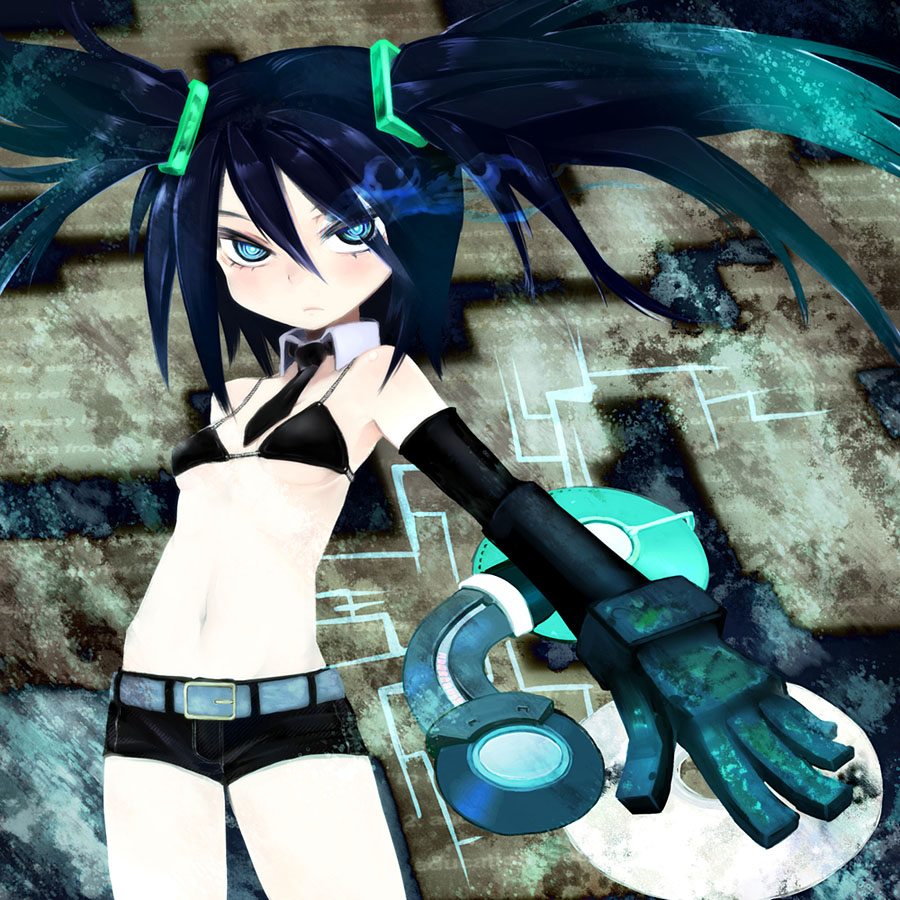 sanae (satansanae), black rock shooter (character), black rock shooter, vocaloid, 10s, 1girl, bikini, bikini top only, black bikini, black hair, blue eyes, collarbone, detached collar, female focus, glowing, glowing eye, looking at viewer, midriff, navel, outstretched arm, short shorts, shorts, solo, standing, stomach, swimsuit, twintails